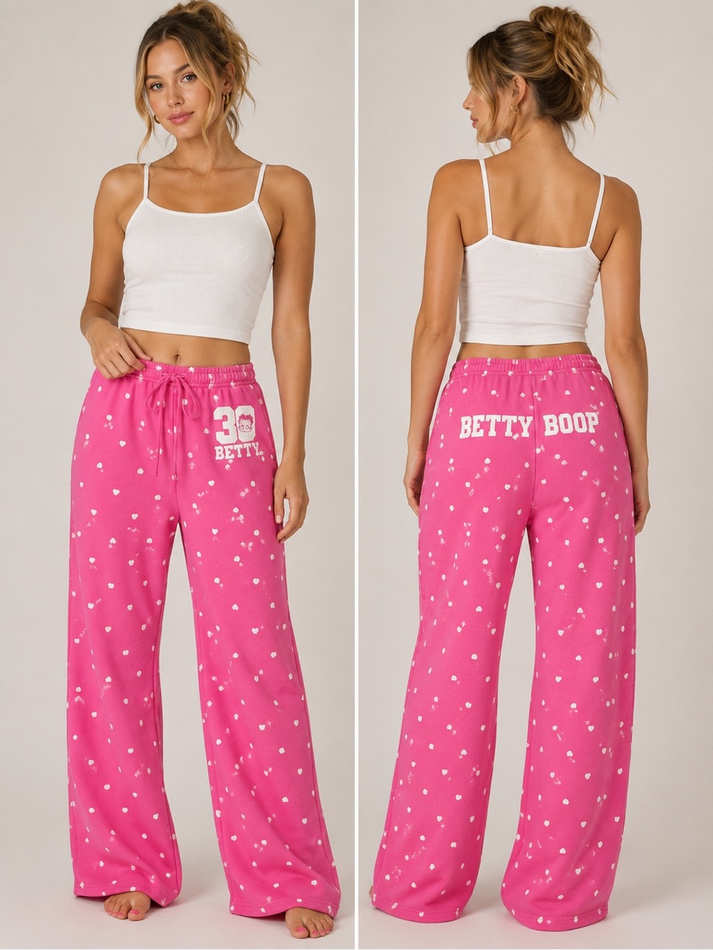 Fleischer Studios Betty Boop 30 Women’s L Heart Print Wide Leg Sweatpants Pink